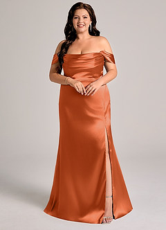 Azazie Saige Bridesmaid Dresses Burnt Orange Sheath Off the Shoulder Metallic Satin Convertible Dress image9