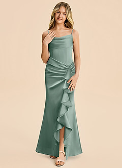 Azazie Rosalia Junior Silver Sage Sheath Pleated Stretch Satin Dress image5