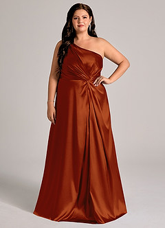 Azazie Brooke Bridesmaid Dresses Auburn A-Line One Shoulder Metallic Satin Dress image8