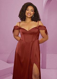 Barbie ♥ Azazie Bridesmaid Dresses Terracotta A-Line Off the Shoulder Stretch Satin Dress image13