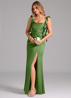 Azazie Jessamine Bridesmaid Dresses Basil Sheath Corset Stretch Satin Dress image1