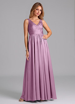 Azazie Keyla Bridesmaid Dresses Wisteria A-Line Pleated Stretch Satin Dress image6
