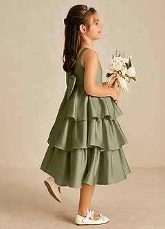 Azazie Margery Flower Girl Dresses Pistachio A-Line Bow Stretch Satin Dress image5