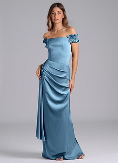 Azazie Kalysia Brautjungfernkleider Wandelbar Meerjungfrau-Linie Schulterfrei Stretch-Satin Kleid Stahlblau image1
