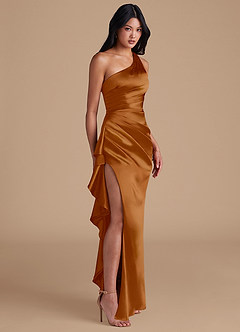 Azazie Latrice Bridesmaid Dresses Copper Sheath One Shoulder Metallic Satin Dress image1