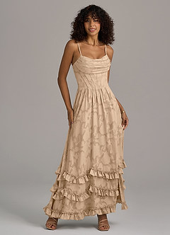 Azazie Lettie Bridesmaid Dresses Champagne A-Line Corset Floral Burnout Dress image1