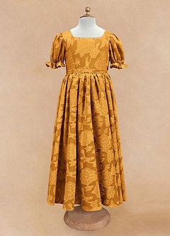 Azazie Joss Flower Girl Dresses Butterscotch A-Line with Sleeves Floral Burnout Dress image4