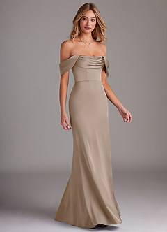 Azazie Saige Bridesmaid Dresses Taupe Sheath Off the Shoulder Stretch Satin Dress image6