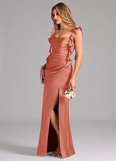 Azazie Jessamine Bridesmaid Dresses Salmon Pink Sheath Corset Stretch Satin Dress image5