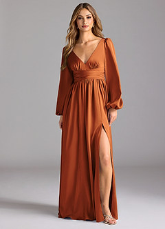 Azazie Norah Bridesmaid Dresses Cinnamon A-Line Stretch Satin Dress image1