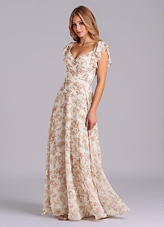 Azazie Leilani Bridesmaid Dresses Pink Fern Floral A-Line Pleated Chiffon Dress image4