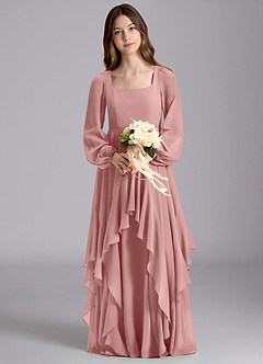 Azazie Clara Junior Abito A-Line in Chiffon Blusa Rosa Polverosa image7