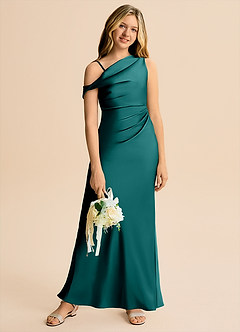 Azazie Emerson Junior Vestido de Pavo Real de Satén Elástico de Corte Recto con Vestidos sin tirantes image5