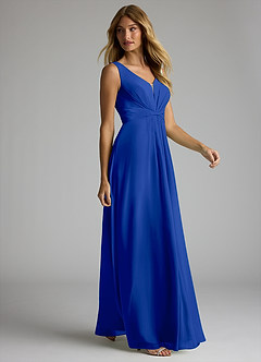 Azazie Gina Robes de demoiselle d'honneur Robe Trapèze en Mousseline de soie Col V plissé Bleu Roi image4