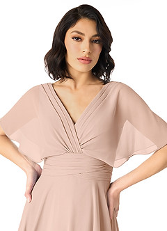 Azazie Pamela Vestidos de damas de honor Vestido Rosa Inglesa de Gasa de Línea A con Cuello en V plisado image4