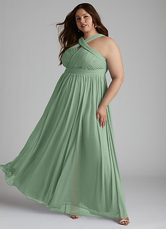 Azazie Hillian Vestidos de damas de honor Vestido de Matcha de Malla de Corte en A con Halter Plisado image11
