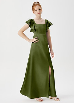 Azazie Bondi Junior Olive A-Line Side Slit Metallic Satin Dress image3