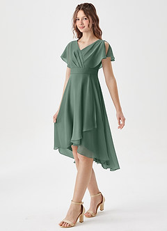 Azazie Graciela Junior Eucalyptus A-Line Pleated Chiffon Dress image4
