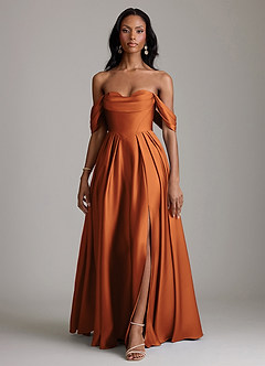 Azazie Loisa Bridesmaid Dresses Cinnamon A-Line Off the Shoulder Stretch Satin Dress image7
