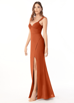 Azazie Audre Vestidos de damas de honor Vestido de Naranja Quemada de Gasa de Corte Sirena con Plisado image3