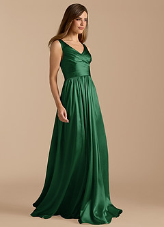 Azazie Keyla Bridesmaid Dresses Dark Green A-Line Pleated Metallic Satin Dress image7