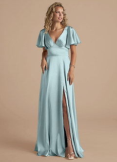 Azazie Kimber Bridesmaid Dresses Mist A-Line Ruched Metallic Satin Dress image5