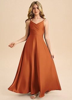 Azazie Bug Junior Robe Trapèze en Satin extensible Plissée Cannelle image2