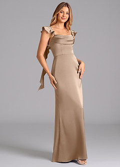 Azazie Adi Bridesmaid Dresses Taupe A-Line Pleated Stretch Satin Dress image3