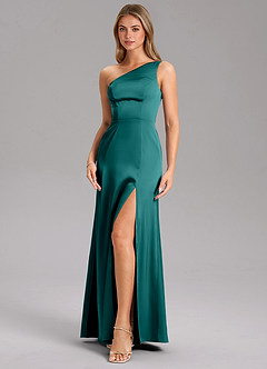 Azazie Feby Bridesmaid Dresses Peacock A-Line One Shoulder Stretch Satin Dress image6