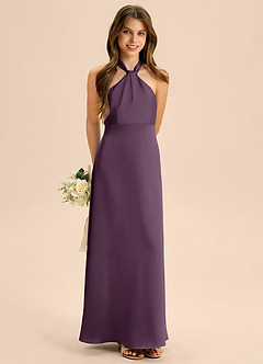 Azazie Beah Junior Plum A-Line Pleated Stretch Satin Dress image4