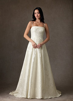 Azazie Desiree Wedding Dresses Antique White Ball-Gown Strapless Floral Jacquard Dress image6