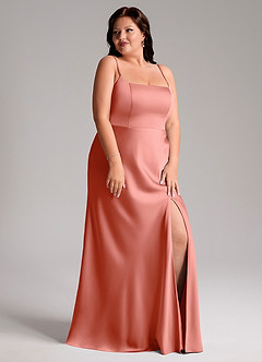 Azazie Lidia Robes de demoiselle d'honneur Robe Sirène en Satin extensible Fente Latérale Corail image12