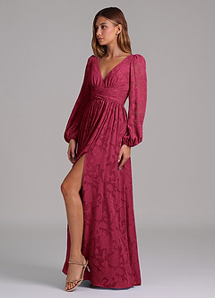 Azazie Norah Bridesmaid Dresses Burgundy A-Line Long Sleeve Floral Burnout Dress image3