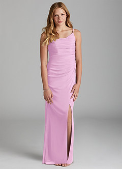 Azazie Deandra Junior Candy Pink Sheath Mesh Dress image1