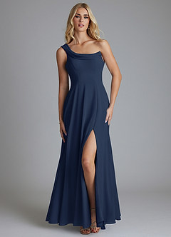 Azazie Naiyah Venta Final Vestido de Azul Marino Oscuro de Gasa de Corte en A con Hombro unilateral image1