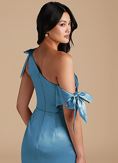Azazie Xyla Bridesmaid Dresses Steel Blue Sheath Off the Shoulder Metallic Satin Convertible Dress image3