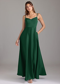 Azazie Marley Bridesmaid Dresses Dark Green A-Line Off the Shoulder Stretch Satin Convertible Dress image1
