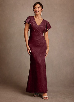 Azazie Dorina Final Sale Cabernet Sheath Pleated Floral Jacquard Dress image1