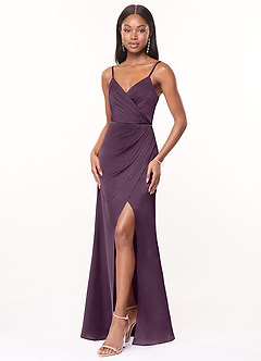 Azazie Maci Bridesmaid Dresses Plum A-Line V-Neck Pleated Stretch Satin Dress image6