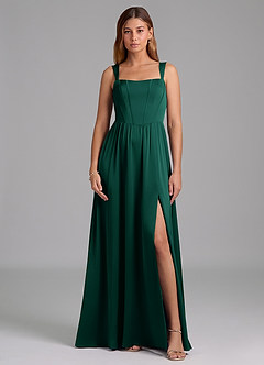 Azazie Rosaline Bridesmaid Dresses Emerald A-Line Side Slit Stretch Satin Dress image3