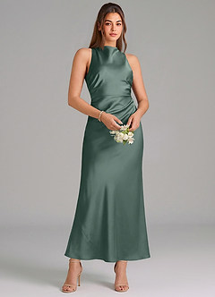 Azazie Evadne Vestidos de damas de honor Vestido de Musgo Marino de Satén Elástico de Corte Recto con Plisado image3