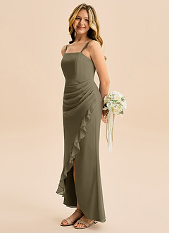 Azazie Buzzy Junior Willow Green Sheath Pleated Chiffon Dress image1