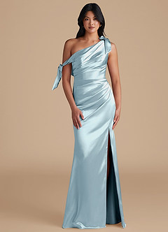 Azazie Xyla Bridesmaid Dresses Sky Blue Sheath Off the Shoulder Metallic Satin Convertible Dress image1