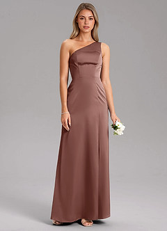 Azazie Feby Bridesmaid Dresses Espresso A-Line One Shoulder Stretch Satin Dress image7