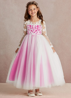 Azazie Elodie Flower Girl Dresses Ivory Fuchsia Ball-Gown Lace Dress image3