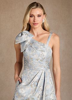 Azazie Easton vestidos de madre de la novia Vestido de Azul Polvoriento de Jacquard de Corte En A con Hombro unilateral image6