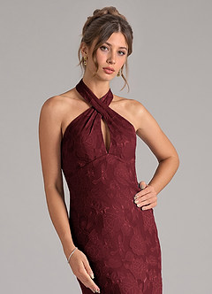 Azazie Marlissa Bridesmaid Dresses Cabernet Sheath Pleated Floral Burnout Dress image4