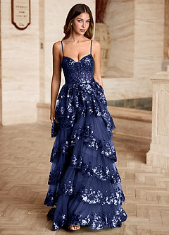 Tindra Dark Navy Sequins Ruffles Prom Dress image3
