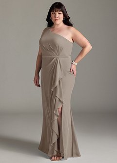 Azazie Liza Jurken voor bruidsmeisjes Jurk van Chiffon met Zeemeermin One-Shoulder Taupe image8