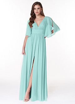 Azazie Temeka Bridesmaid Dresses Aqua A-Line Ruched Chiffon Dress image1